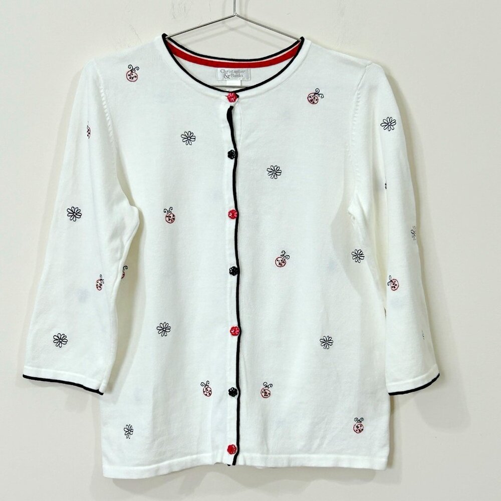 VTG CHRISTOPHER & BANKS (FLAWED) Cardigan M Ladybugs Embroidered Flowers Beads
